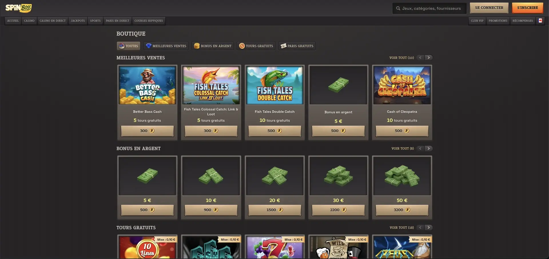 Spinboss bonus sans dépôt - interface de Spinboss