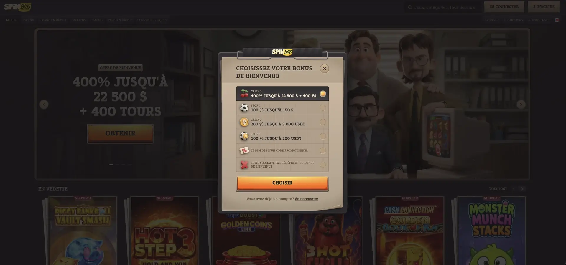 Choix du bonus de bienvenue Spinboss