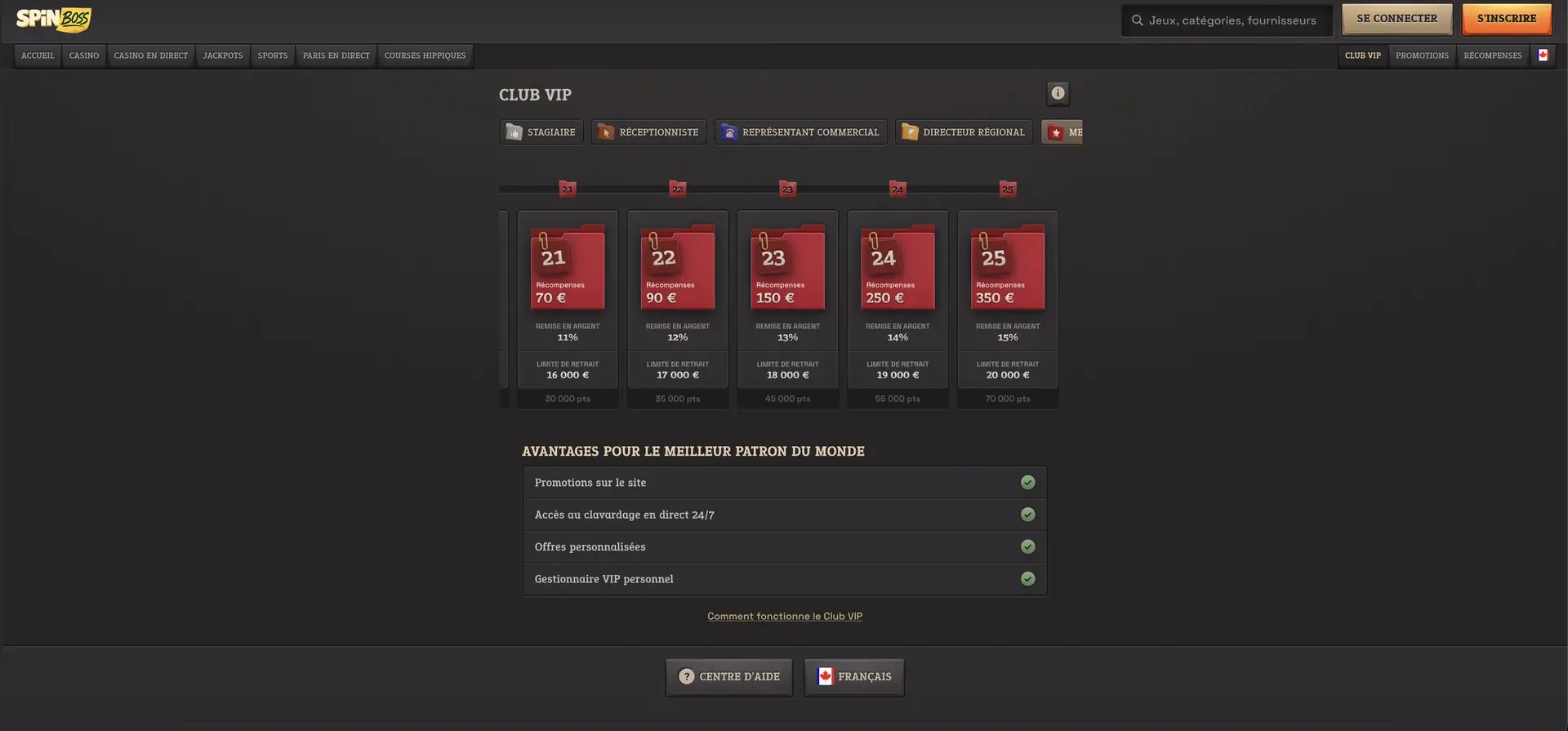 Niveaux du Club VIP Spinboss