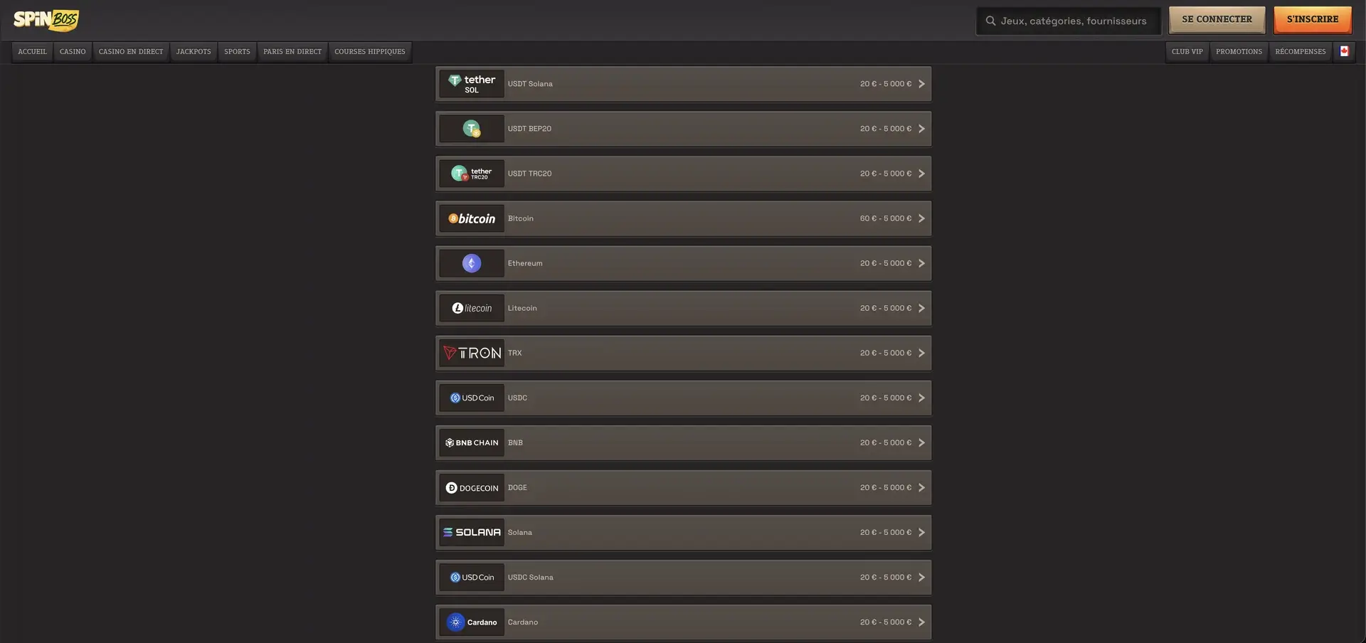 Cryptomonnaies acceptées par Spinboss