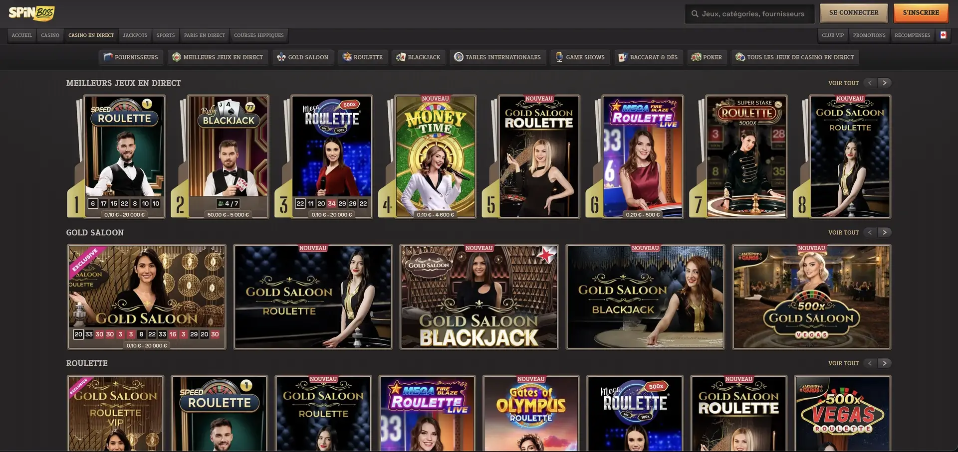 Tables et jeux avec croupiers en direct