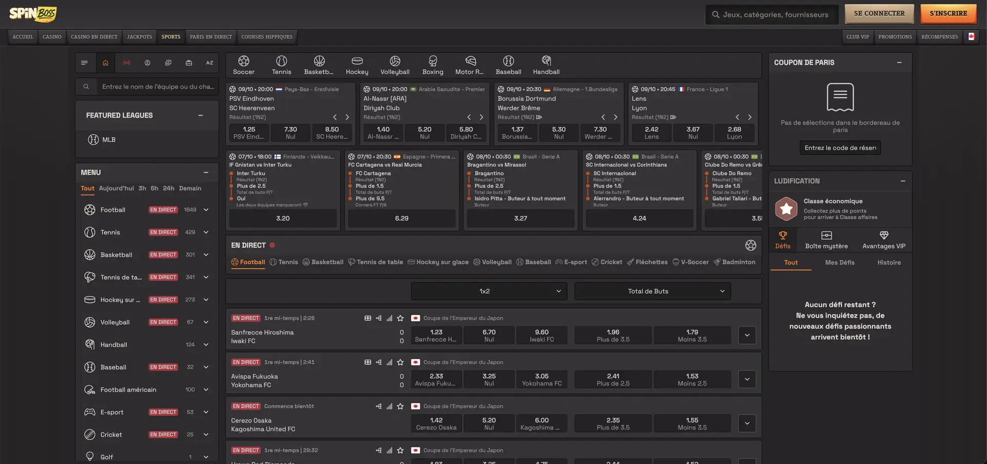Spinboss paris sportifs - interface de Spinboss